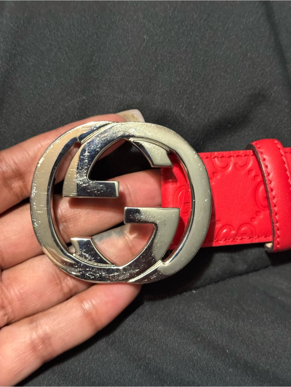 Gucci Red Embossed Leather Belt with Silver Double G Buckle